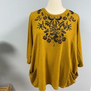 LOGO Lavish Lori Goldstein Tunic Top 2X Embellished Mustard Lagenlook Blouse